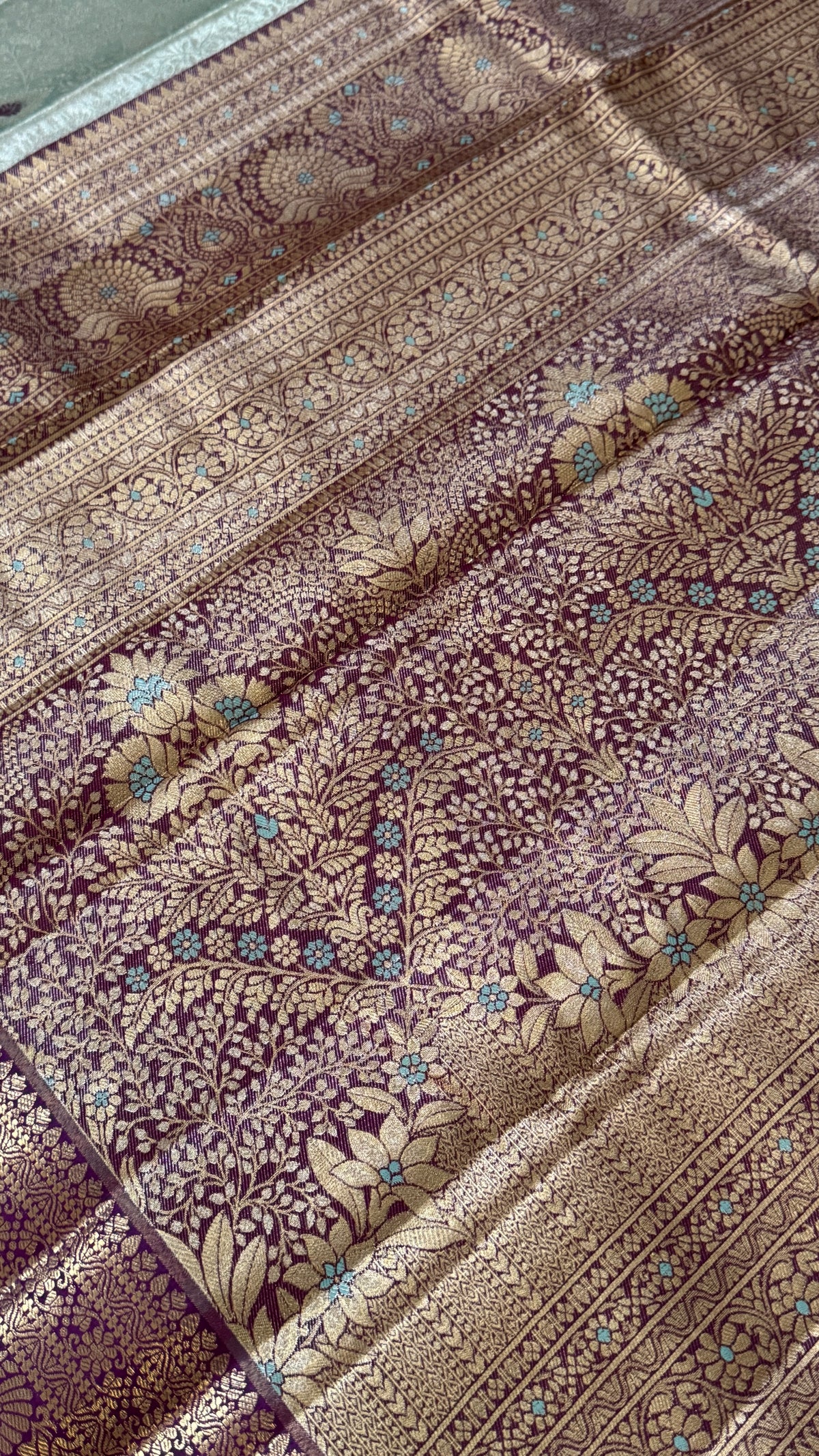 Semi Silk Mini Kanchivaram Tissue Saree – Light Mint Green & Magenta