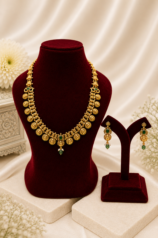 Antique Gold-Plated Coin Necklace Set with Emerald Detailing