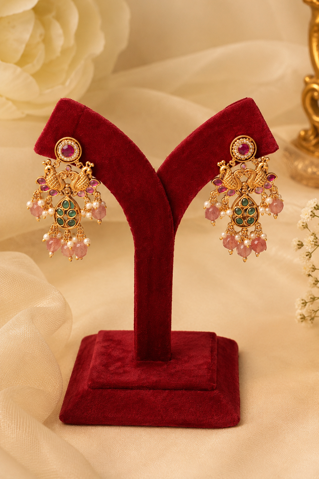Antique Gold-Plated Temple Necklace Set with Blush Pink Stones