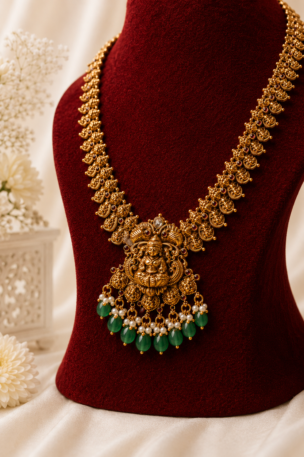 Antique Gold-Plated Long Lakshmi Temple Necklace Set with Emerald Green Stone Drops