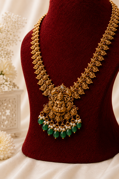 Antique Gold-Plated Long Lakshmi Temple Necklace Set with Emerald Green Stone Drops