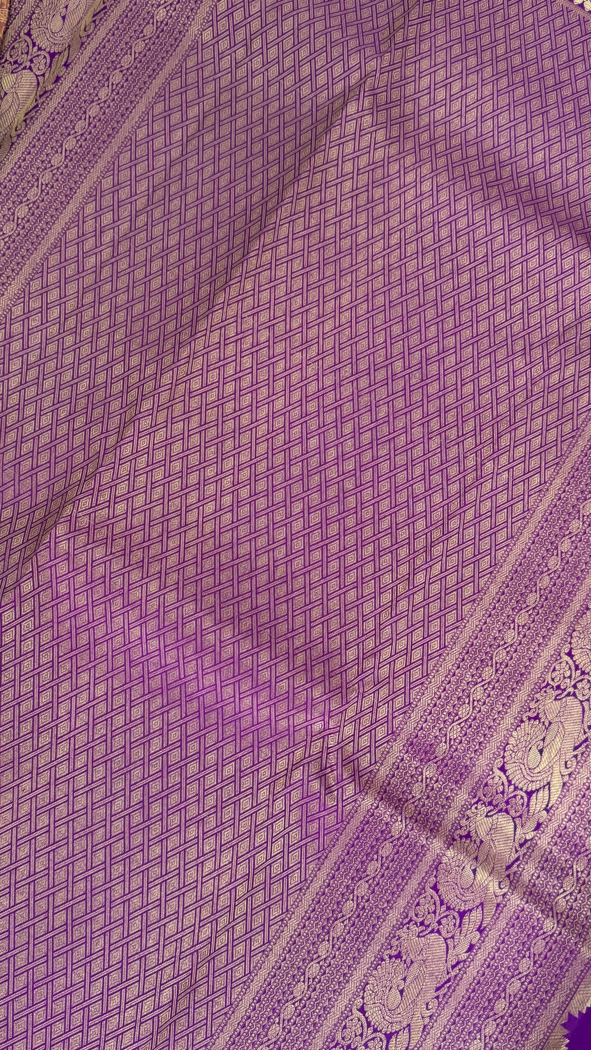 Vintage Wash Pure Kanchipuram Silk Saree – Gold with Royal Purple Contrast | Silk Mark Certified