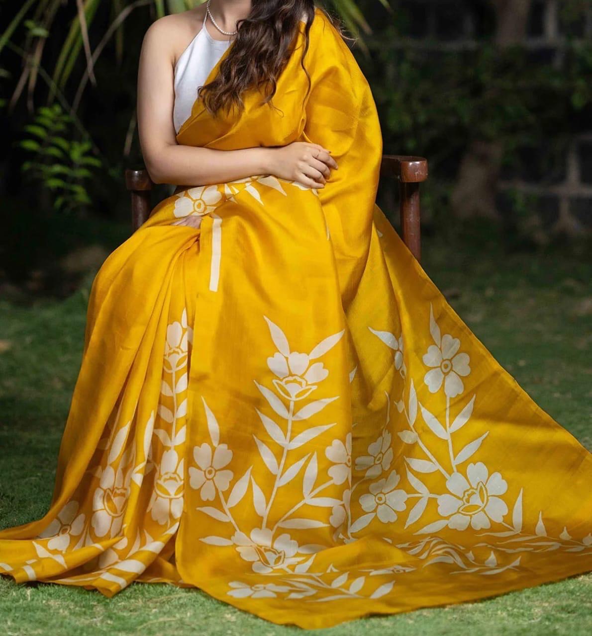 Pure Mulberry Silk Saree in Mustard Yellow with Floral Batik Print | Silk Mark Certified