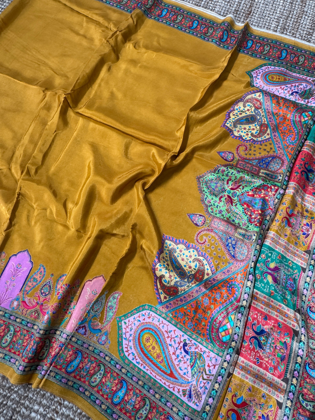 Kashmiri Pashmina Kani Silk Saree – Yellow and Red
