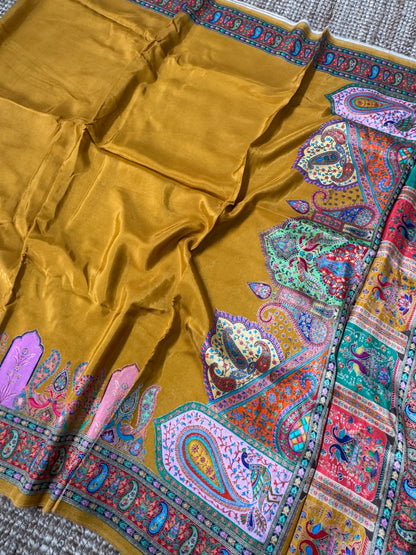 Kashmiri Pashmina Kani Silk Saree – Yellow and Red