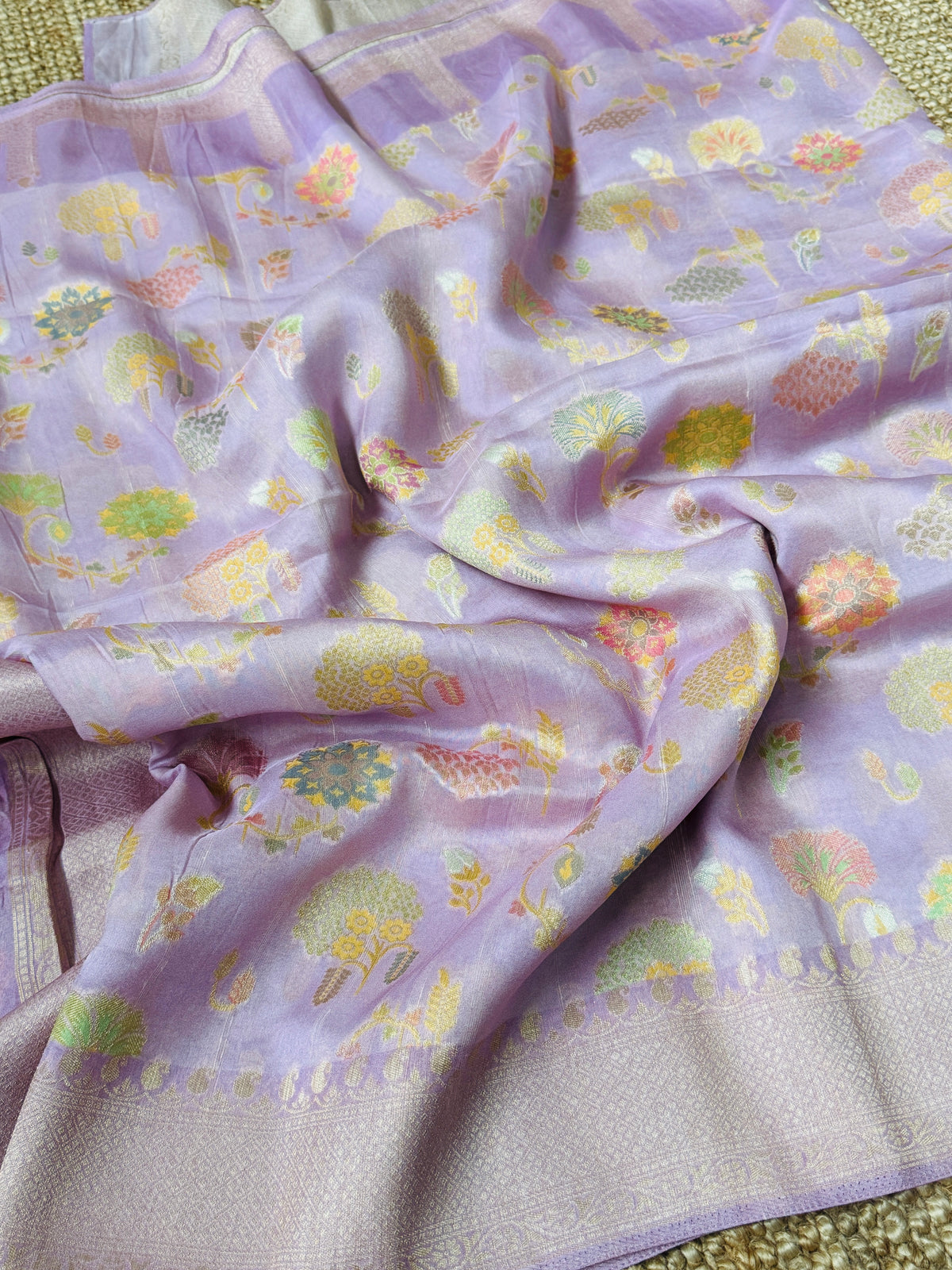 Lavender Pink Tussar Raw Silk Saree with Meenakari Woven Floral Elegance