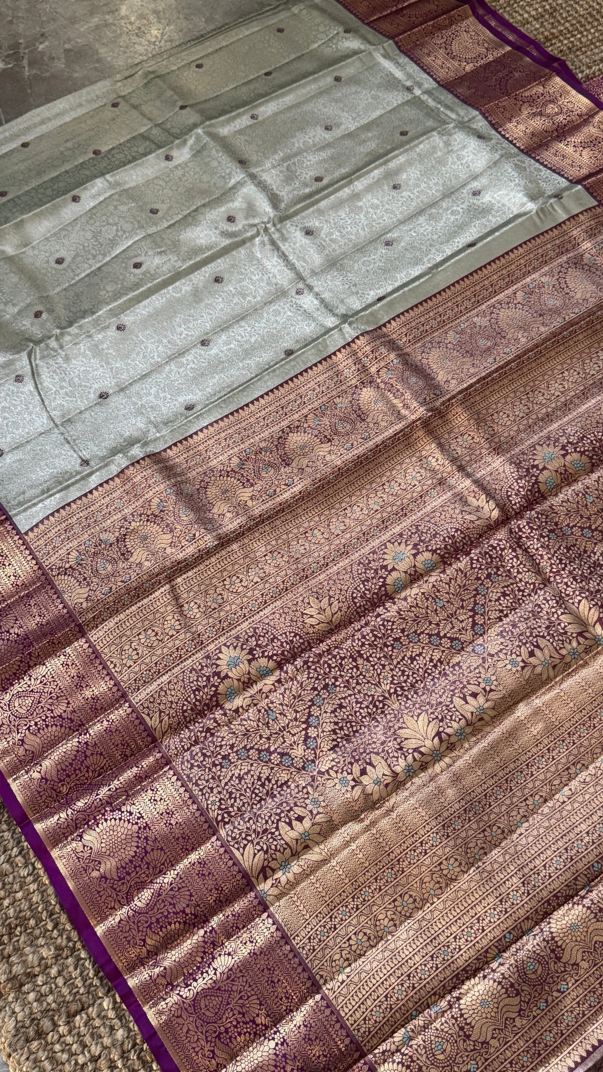 Semi Silk Mini Kanchivaram Tissue Saree – Light Mint Green & Magenta