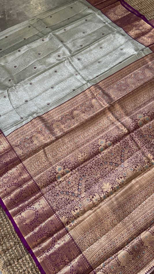 Semi Silk Mini Kanchivaram Tissue Saree – Light Mint Green & Magenta