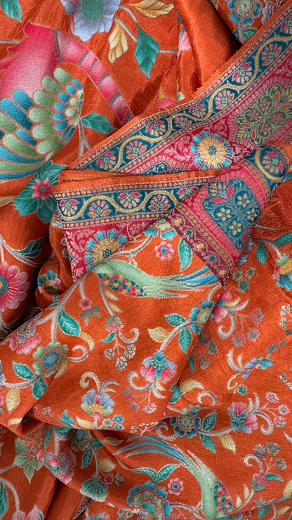 Kashmiri Pashmina Kani Silk Saree – Orange with Red Brocade Contrast Blouse