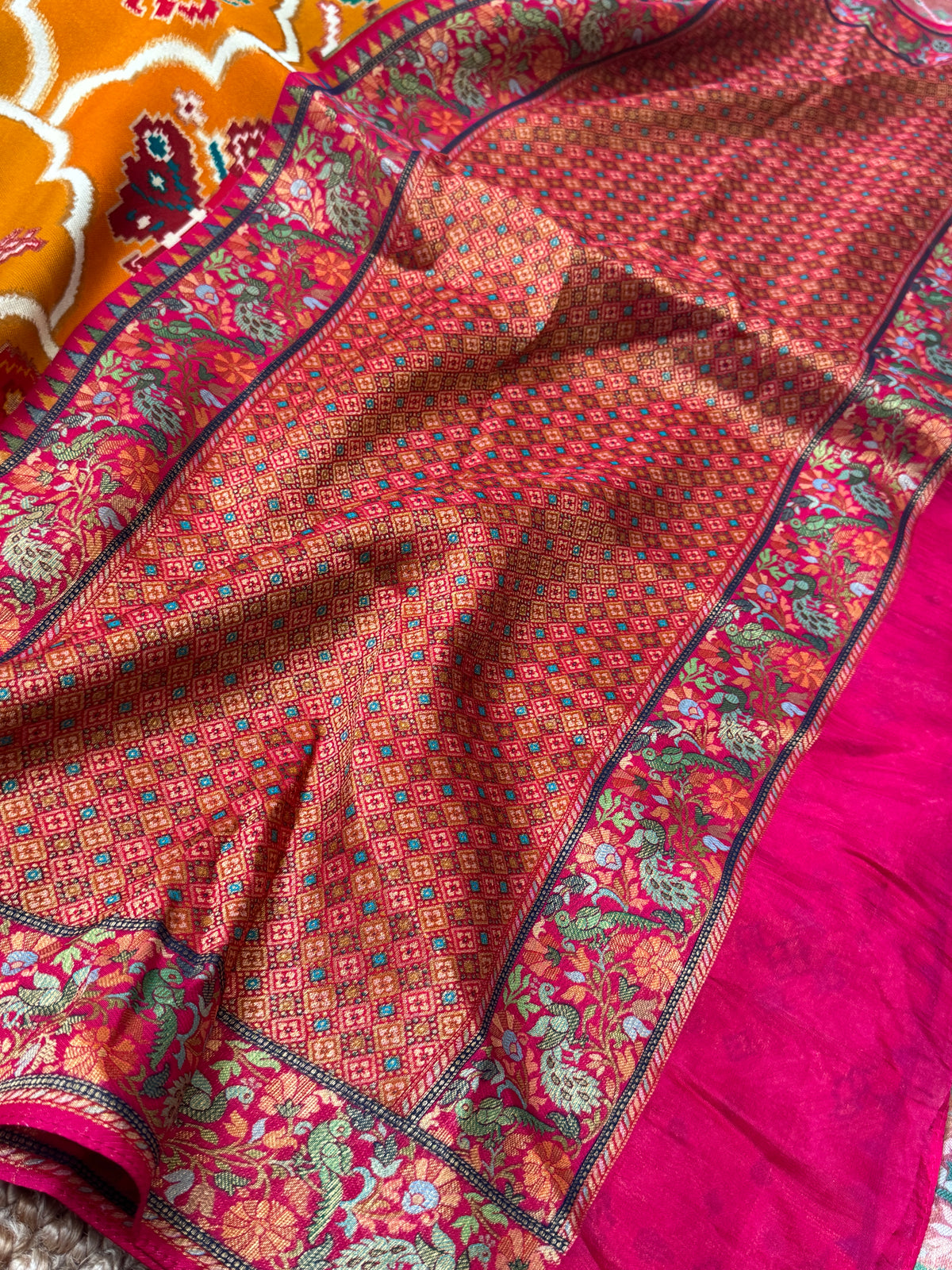 A Kashmiri Pashmina Banarasi Handwoven Sarees with Patola prints - Mustard