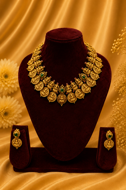 Antique Gold-Plated Lakshmi Coin Mala Choker Necklace Set with Emerald Accents