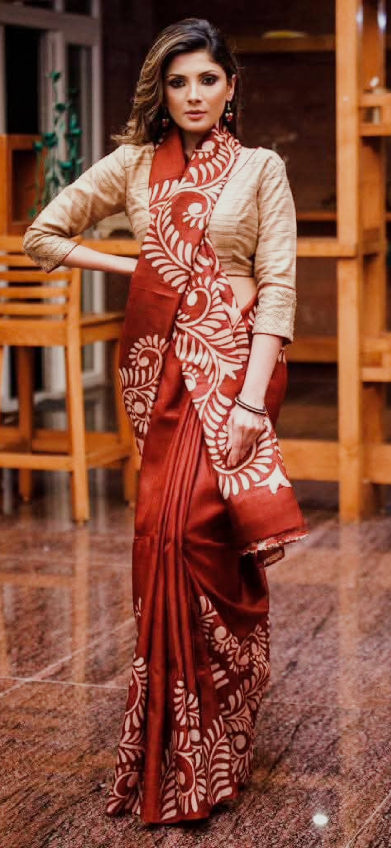 Pure Mulberry Silk Saree in Rust with Batik Print Border | Silk Mark Certified
