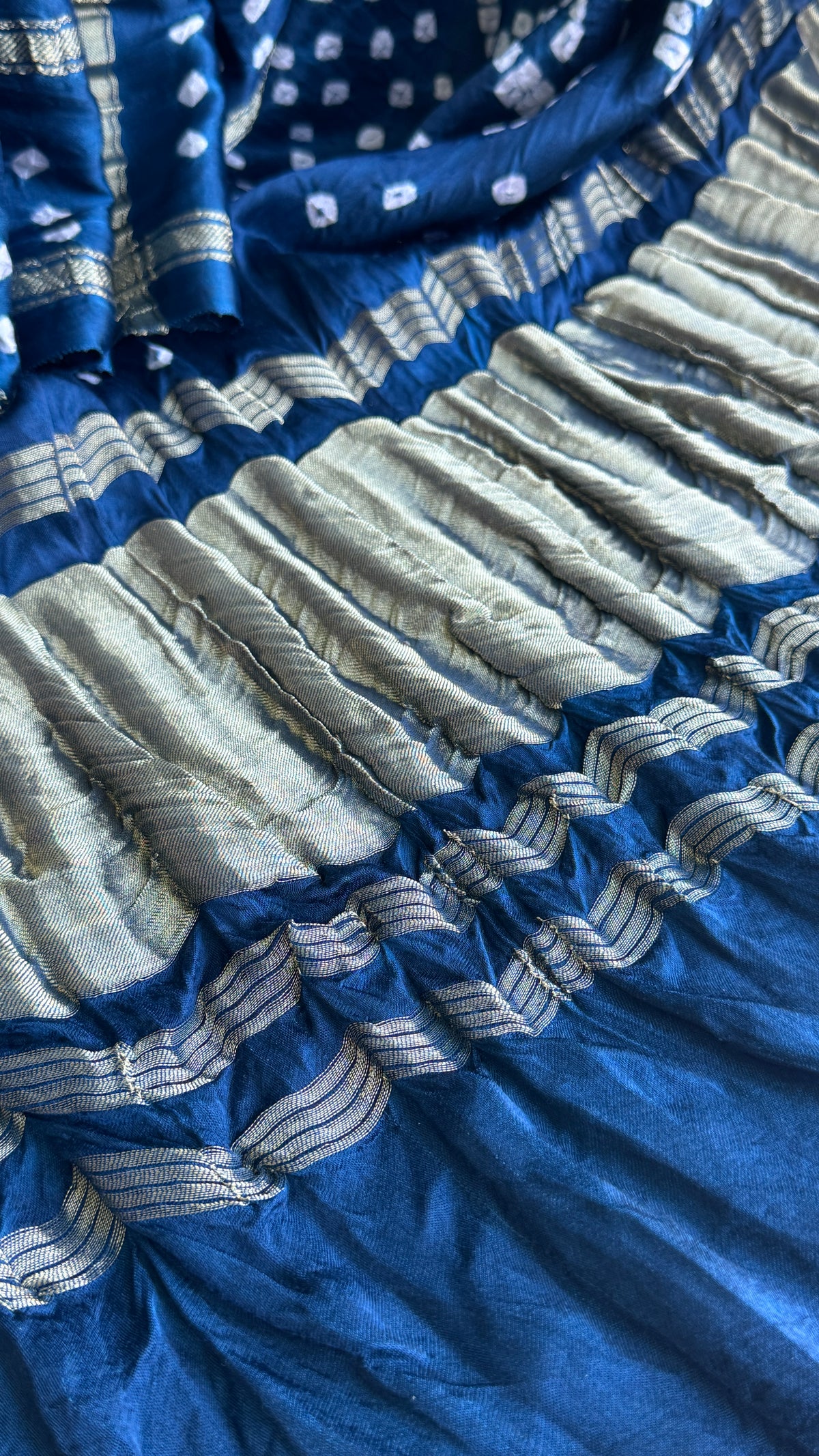 Tie & Dye Handknotted Gharchola Bandhej Pure Gajji Silk Saree - Peacock Blue