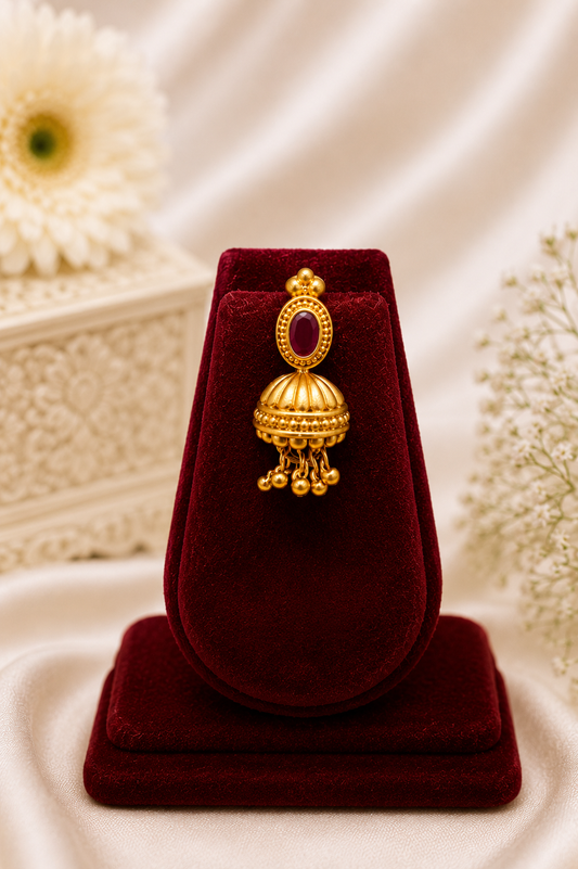 Antique Gold-Plated Choker Necklace Set with Ruby Stone Detailing & Gold Bead Hangings