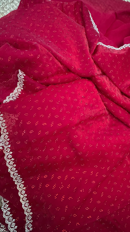 Red Party Wear Saree with Hand Embellished Stone Border
