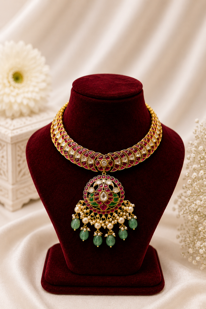 Pure Jadau Statement Choker Necklace Set with Mint Green Stone Drops