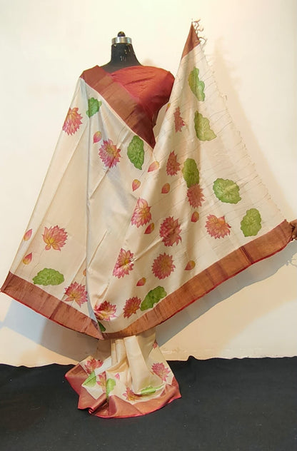 Pure Tussar Silk Saree in Beige with Hand Painted Pen Kalamkari Pichwai Lotus Art | Silk Mark Certified