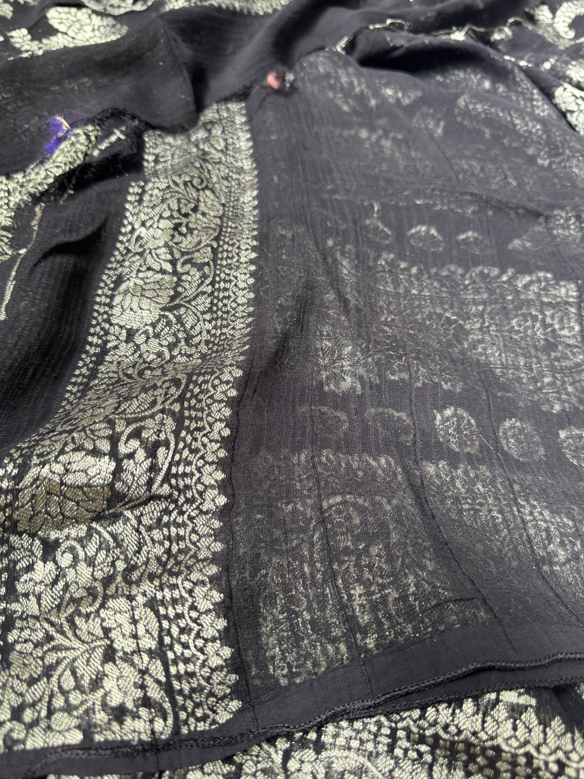 Super Soft Tussar Georgette Saree with Silver Jaal Weaving – Black
