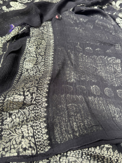 Super Soft Tussar Georgette Saree with Silver Jaal Weaving – Black