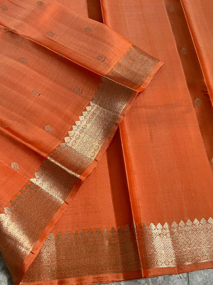 Dark Peach Pure Kanchipuram Silk Saree with Silver Zari Motifs Silk Mark Certified