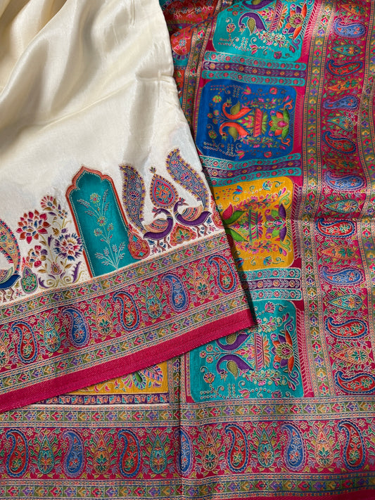 Kashmiri Pashmina Kani Silk Saree – Off White and Pink