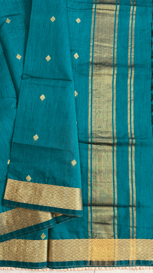 Pure Hand-Woven Cotton Silk Saree - Teal