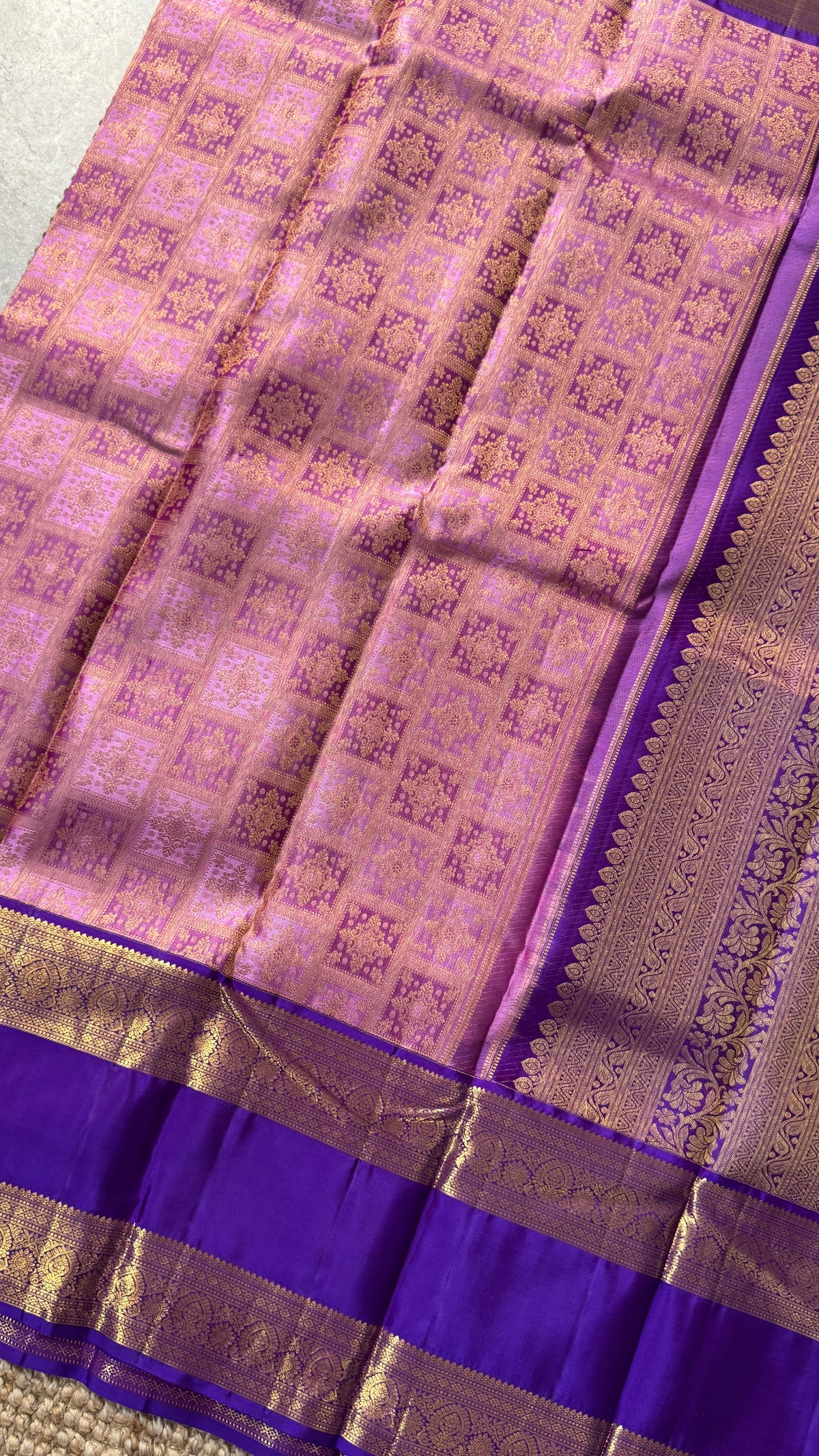 Vintage Wash Pure Kanchipuram Silk Saree – Pink with Royal Purple Contrast | Silk Mark Certified
