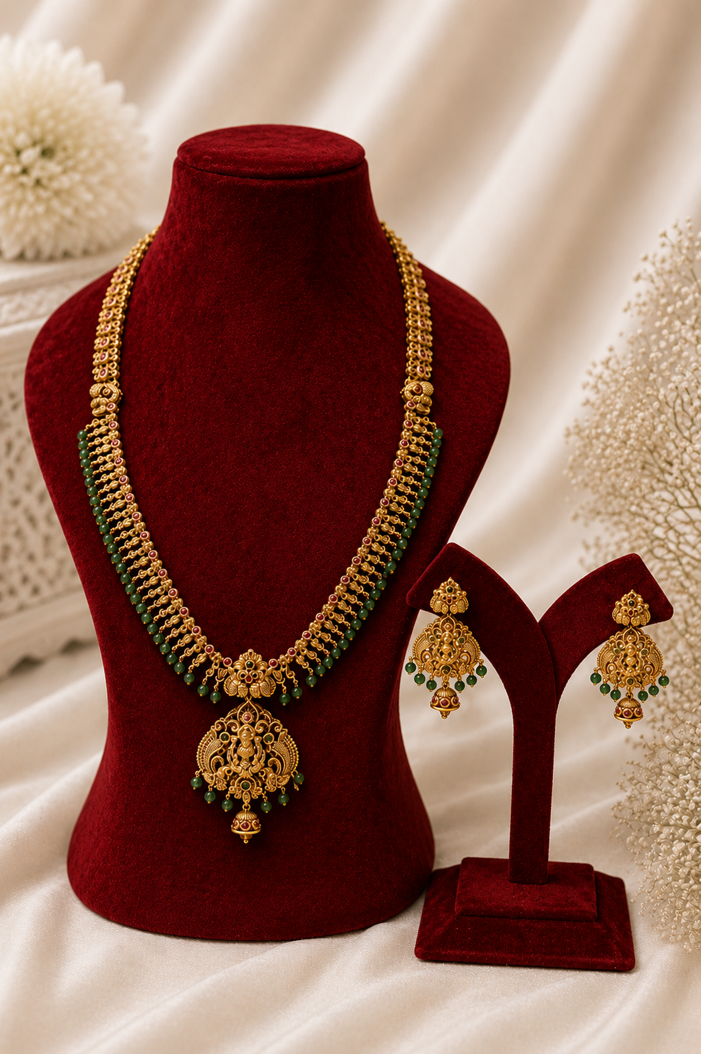 Antique Gold-Plated Temple Long Necklace Set with Emerald Green Bead Drops
