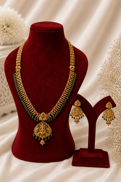 Antique Gold-Plated Temple Long Necklace Set with Emerald Green Bead Drops