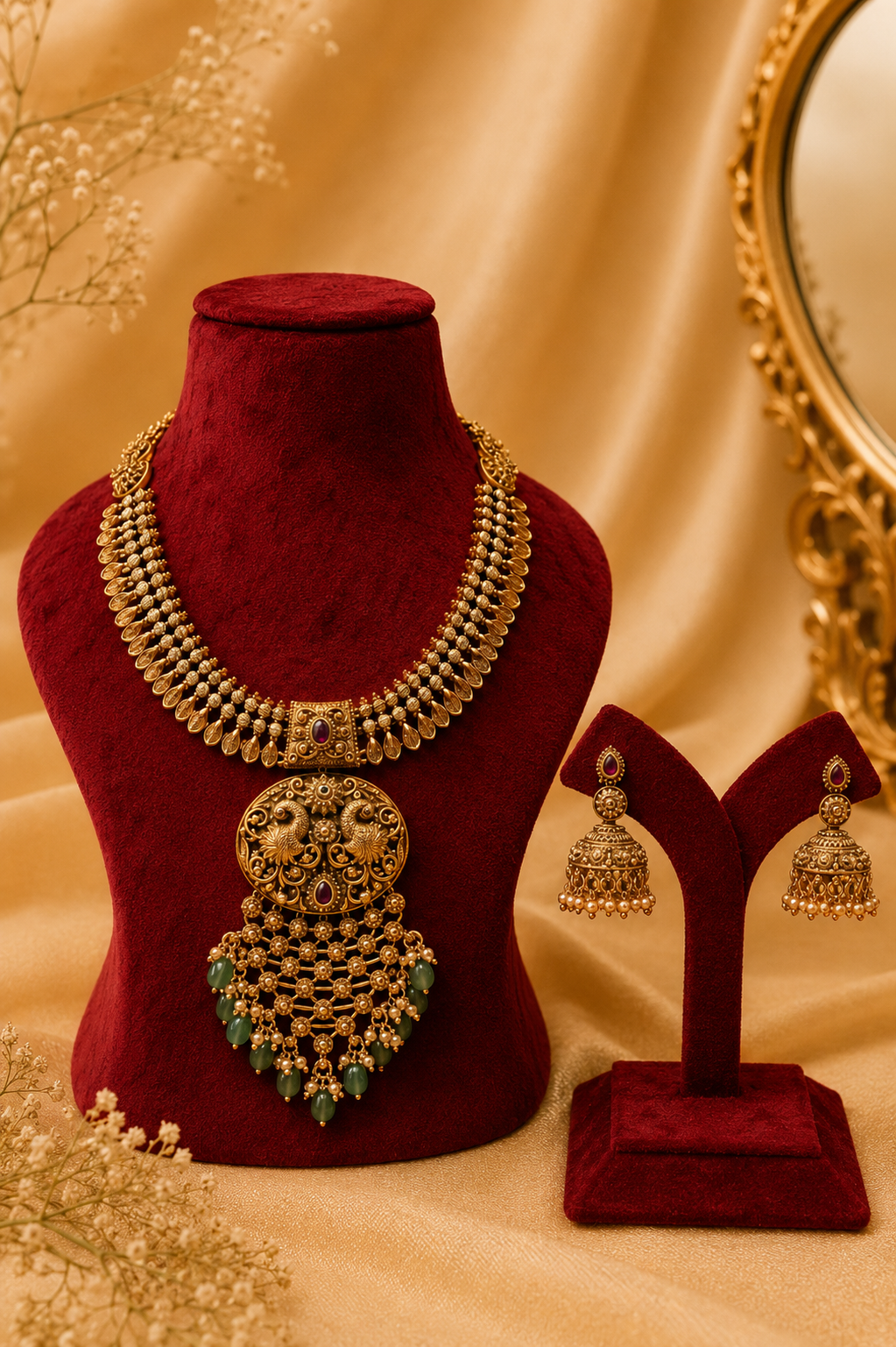 Antique Gold-Plated Temple Pendant Necklace Set with Mint Green Stone Drops