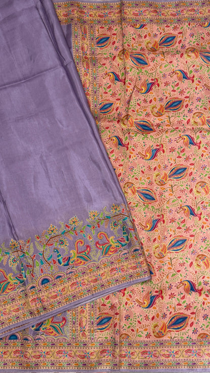 Kashmiri Pashmina Kani Silk Saree – Pastel Lavender with Peach Contrast Blouse