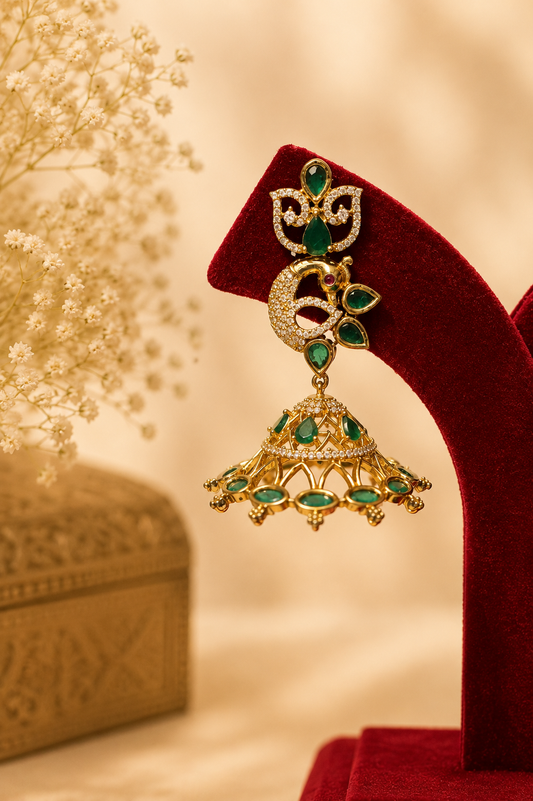 Antique Zircon Jhumka Earrings with Emerald Stones