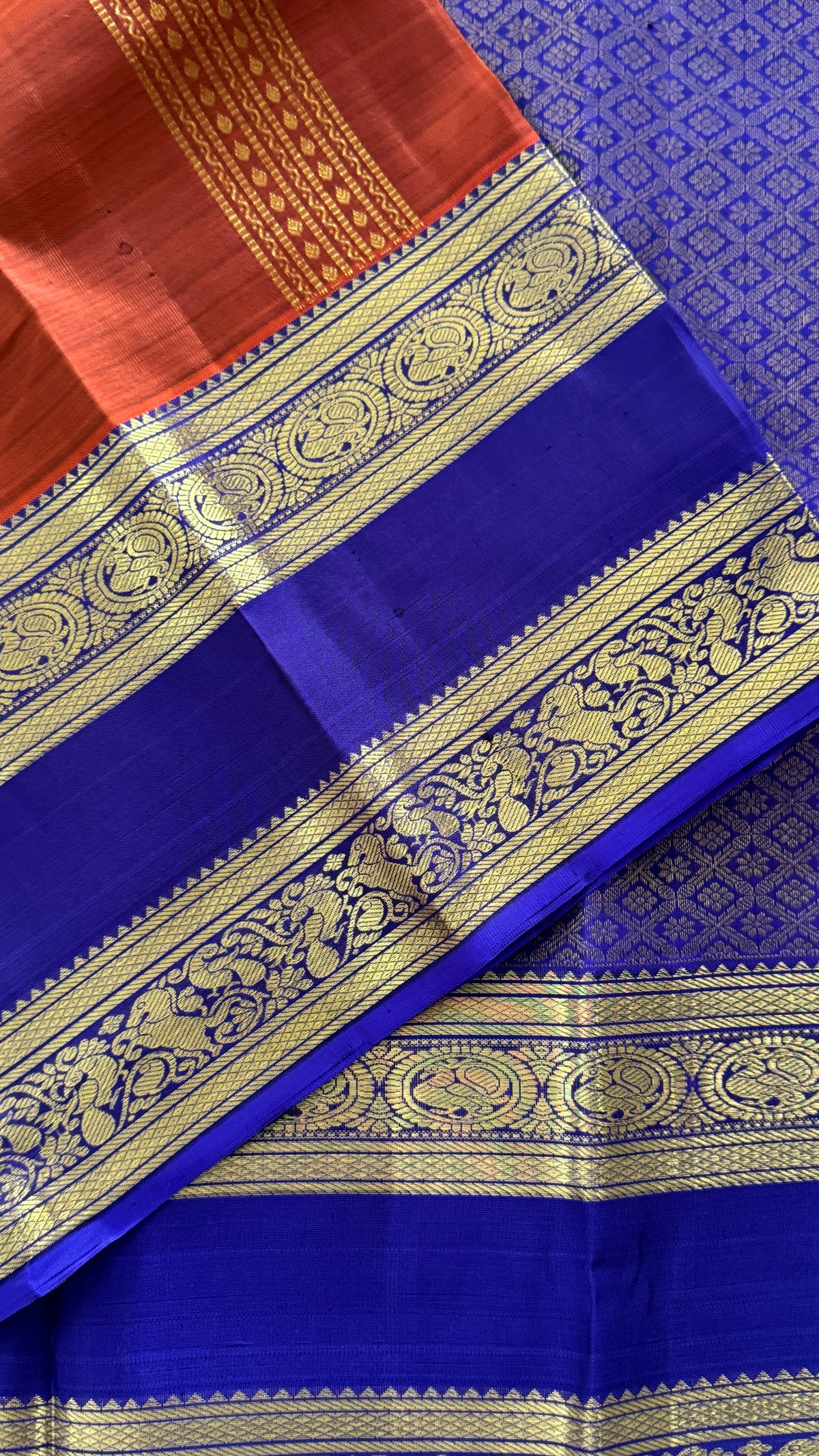 Vintage Wash Pure Kanchipuram Silk Saree – Rust with Royal Blue Contrast | Silk Mark Certified