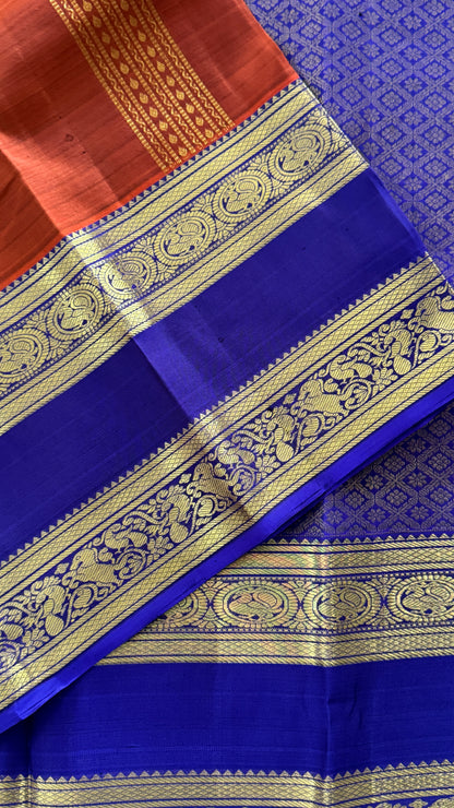 Vintage Wash Pure Kanchipuram Silk Saree – Rust with Royal Blue Contrast | Silk Mark Certified
