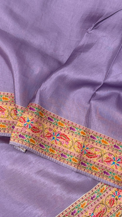 Kashmiri Pashmina Kani Silk Saree – Pastel Lavender with Peach Contrast Blouse