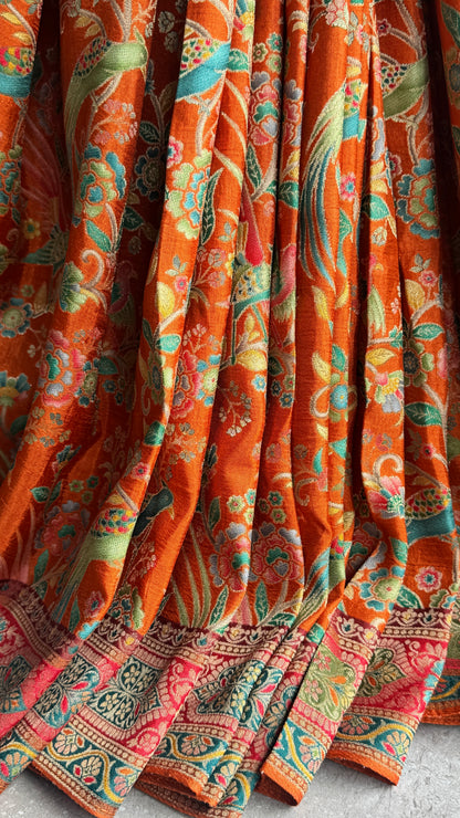 Kashmiri Pashmina Kani Silk Saree – Orange with Red Brocade Contrast Blouse