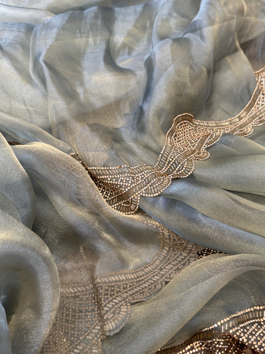 Party Wear Glass Tissue Saree with Embroidered Stone Border & Designer Blouse – Sea Green