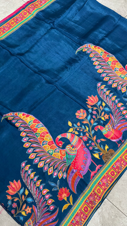 Kashmiri Pashmina Kani Silk Saree – Peacock Blue with Pink Contrast Blouse