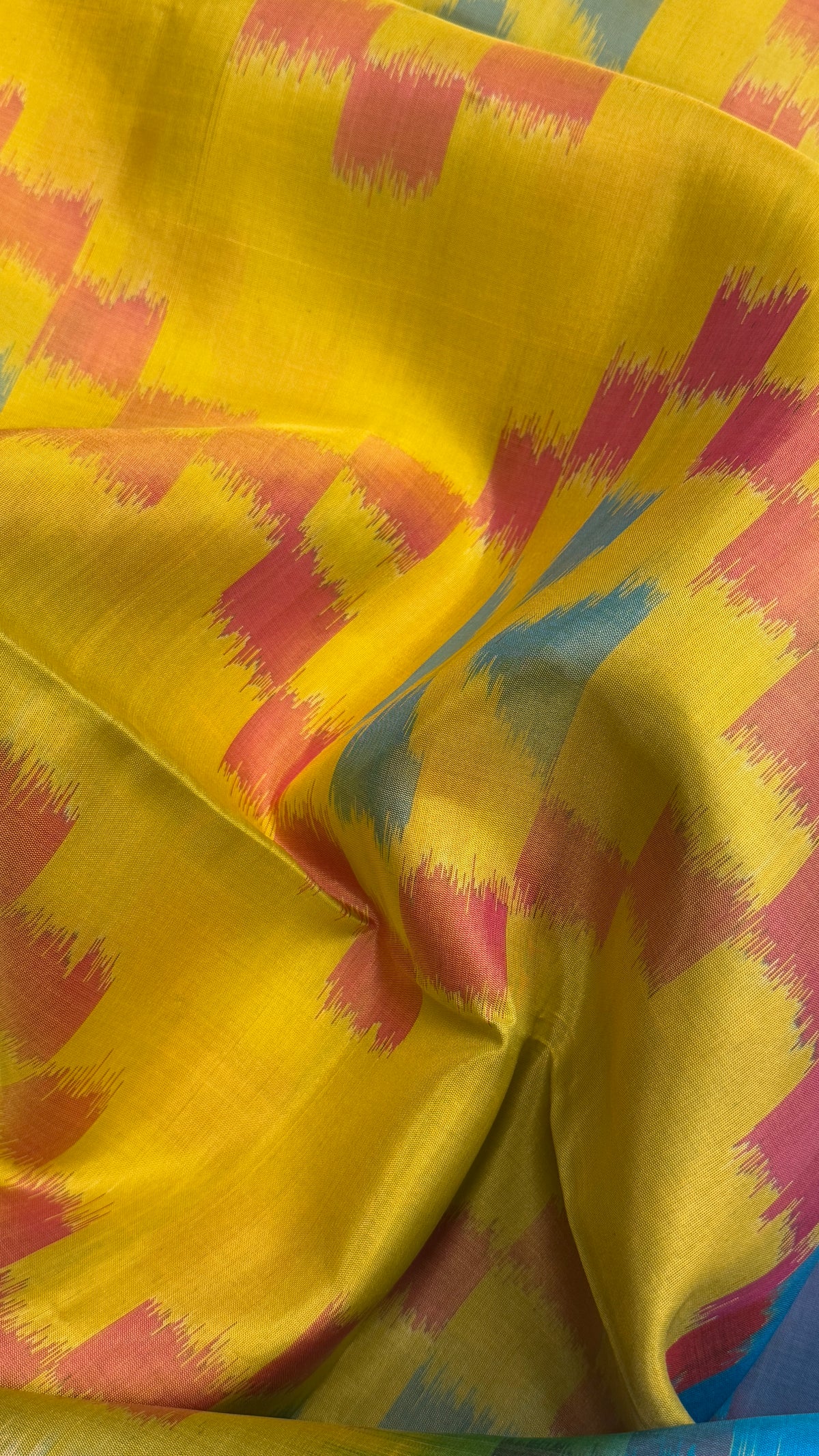 Pure Ikkat Soft Silk saree - Yellow & Turquoise Blue|Silk Mark Certified