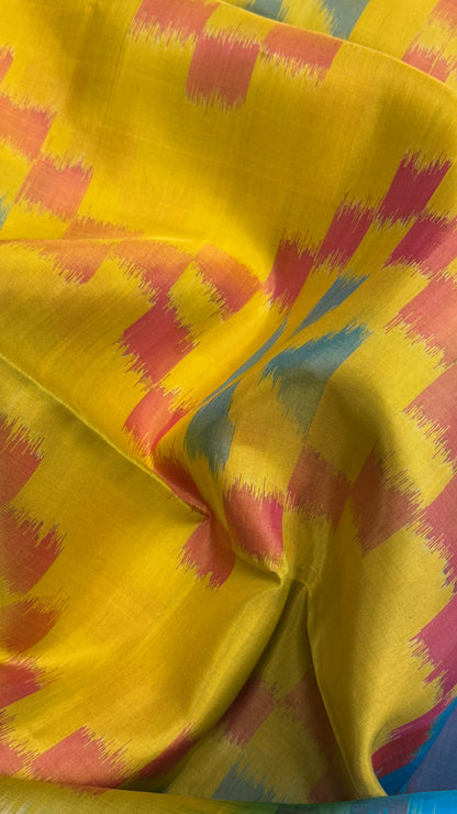 Pure Ikkat Soft Silk saree - Yellow & Turquoise Blue|Silk Mark Certified