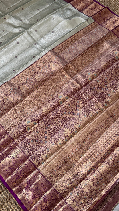 Semi Silk Mini Kanchivaram Tissue Saree – Light Mint Green & Magenta