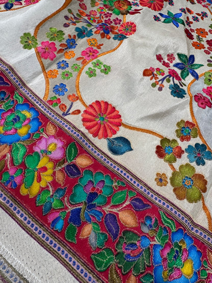 Kashmiri Pashmina Kani Silk Saree – Off White and Pink