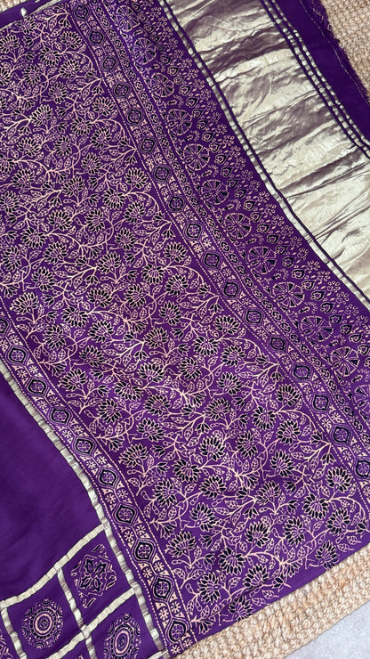 Pure Modal Silk Saree with Bandhej | Ajrakh Pallu & Blouse – Dusty Purple
