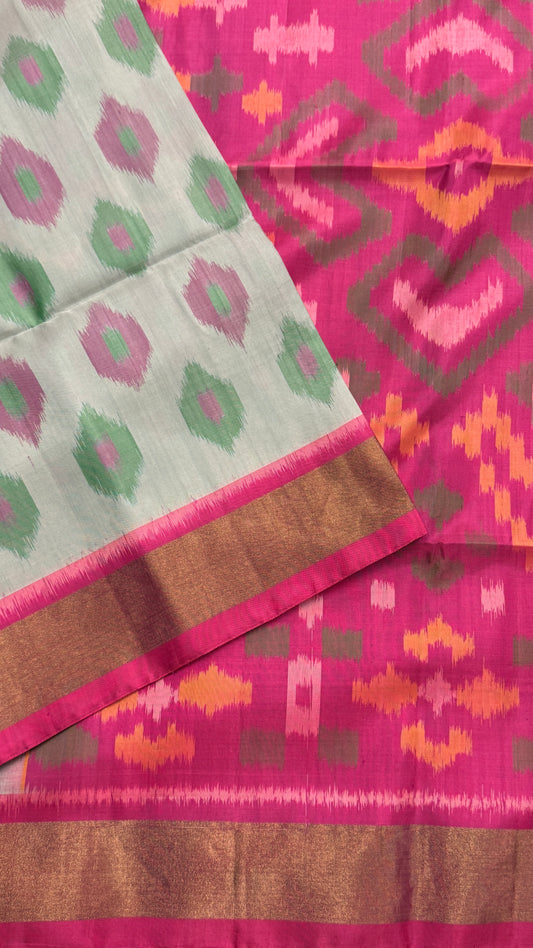 Pure Ikkat Soft Silk saree - Halfwhite & Pink|Silk Mark Certified