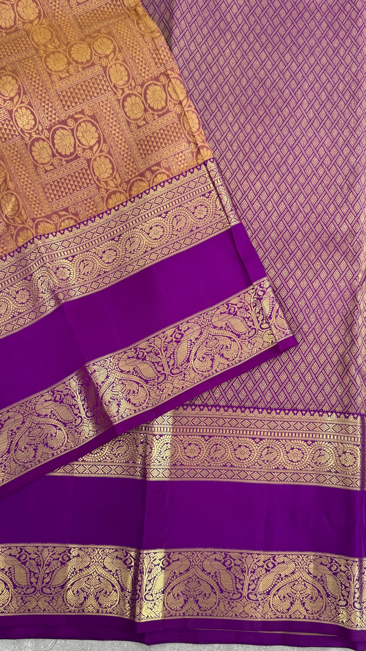 Vintage Wash Pure Kanchipuram Silk Saree – Gold with Royal Purple Contrast | Silk Mark Certified