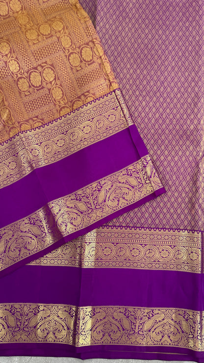 Vintage Wash Pure Kanchipuram Silk Saree – Gold with Royal Purple Contrast | Silk Mark Certified