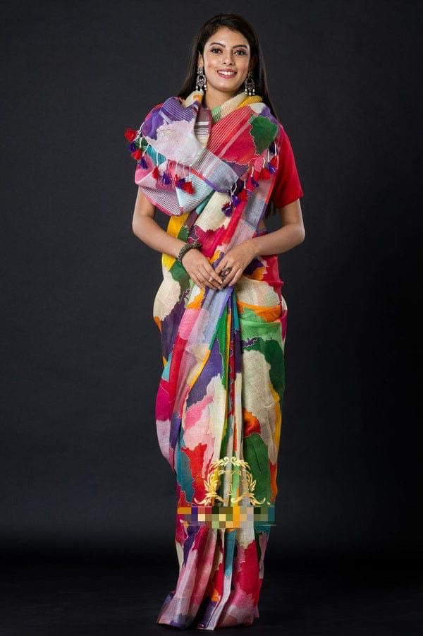 Digital Printed Pure Linen Saree - Multicolor