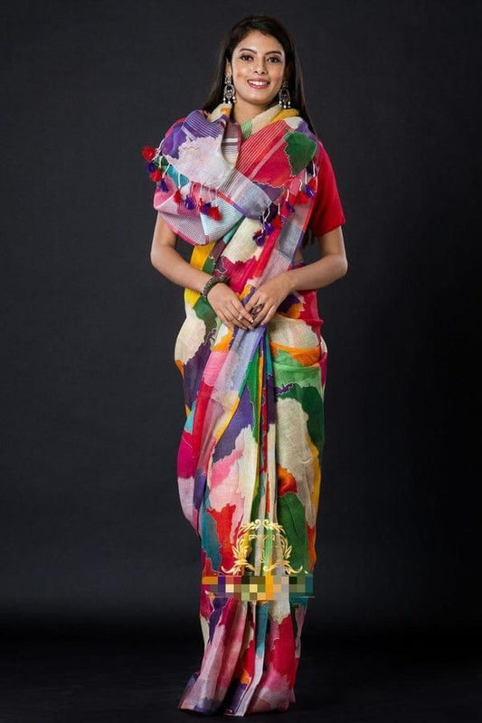 Digital Printed Pure Linen Saree - Multicolor