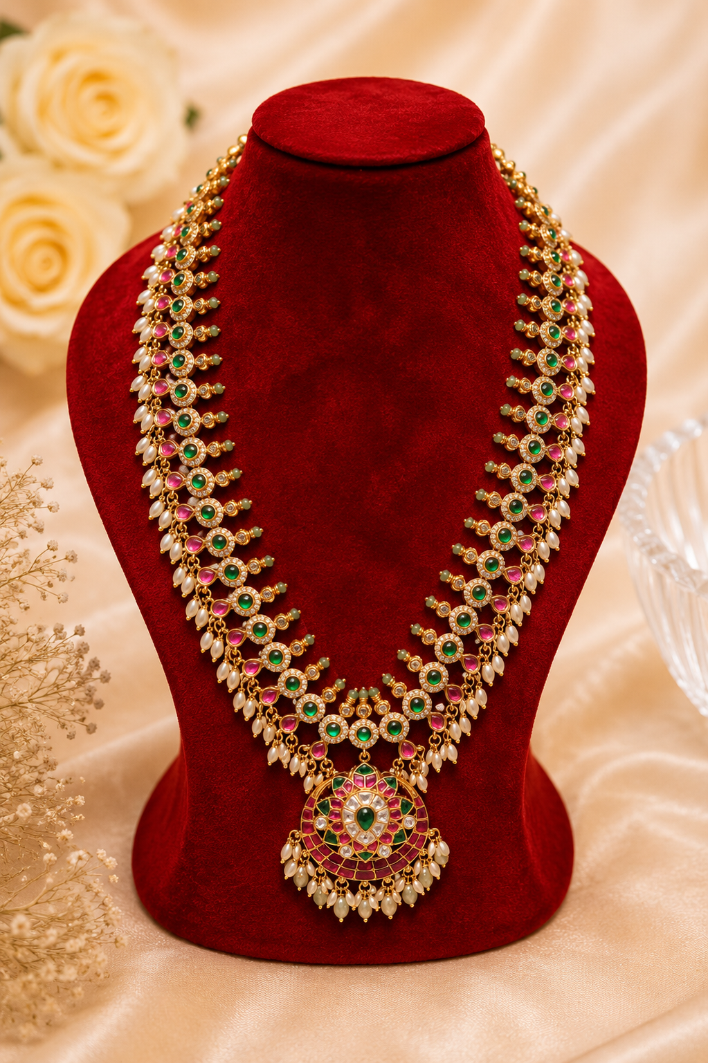 Antique Gold-Plated Jadau & Emerald Stone Haram Set with Pearl Drops