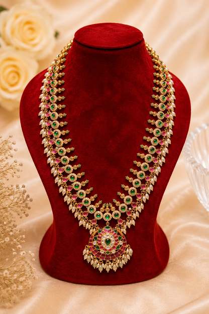 Antique Gold-Plated Jadau & Emerald Stone Haram Set with Pearl Drops